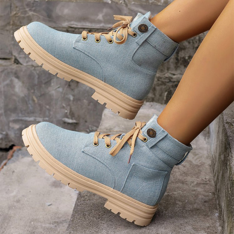 Women fashionable autumn Lace-up Denim Ankle Boots - Le’Nique Closet 