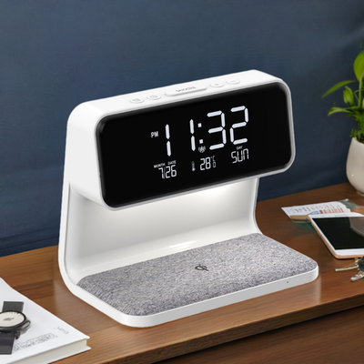 3-in1wireless charger on nightstand with keys, books, and watch