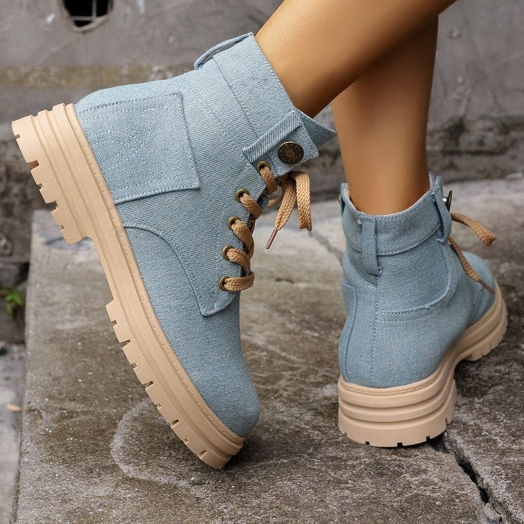 Women fashionable autumn Lace - up Denim Ankle BootsBoots