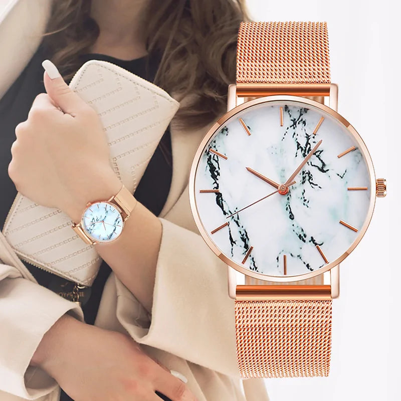 Rose Gold Mesh Band Marble Watch - Le’Nique Closet 